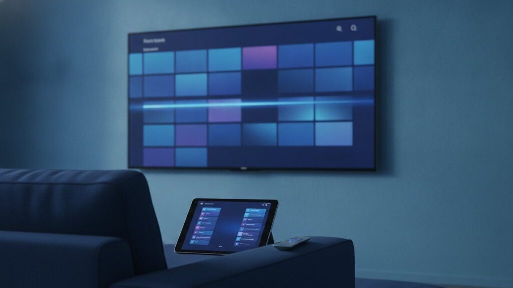 A TV showing a programme guide grid with a tablet and phone showing channel lists on a sofa