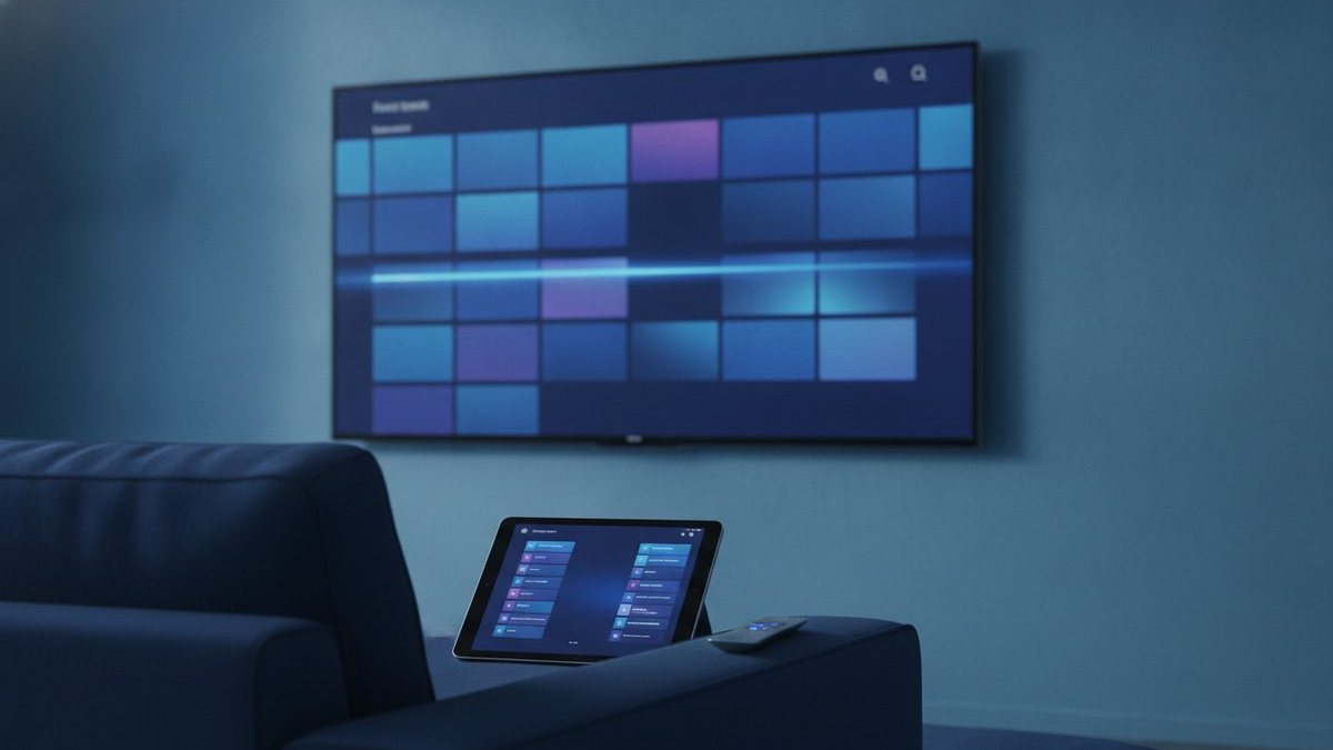A TV showing a programme guide grid with a tablet and phone showing channel lists on a sofa